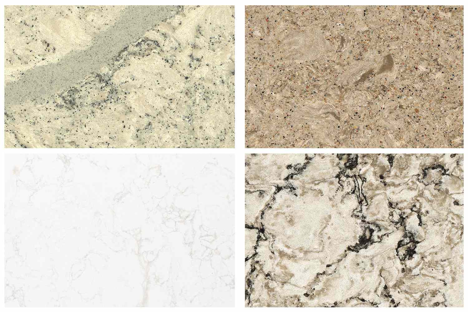 Four types of quartz countertops include Summerhill, Windermere, Torquay, Bellingham