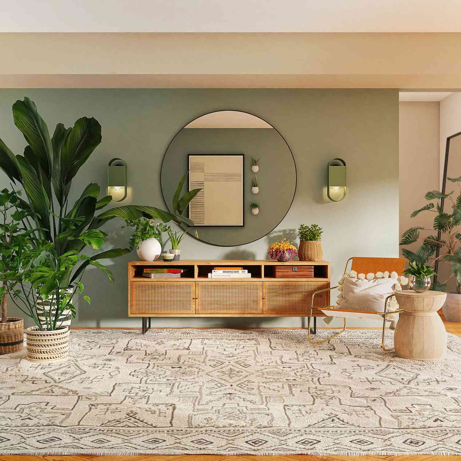 Heiminterieur mit mintgrüner Wandfarbe, rundem Spiegel und Pflanzen