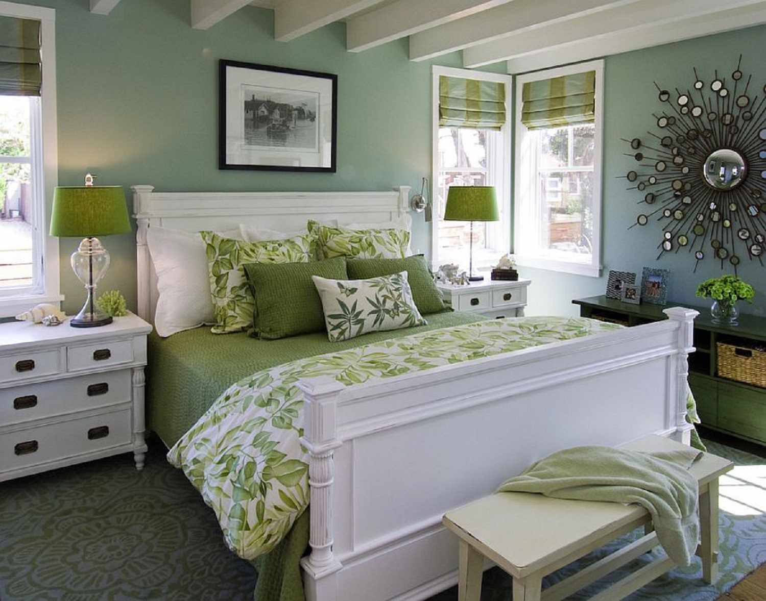 Dormitorio verde y blanco