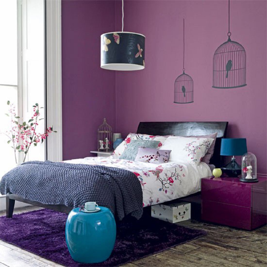 Asian inspired blue and purple bedroom.