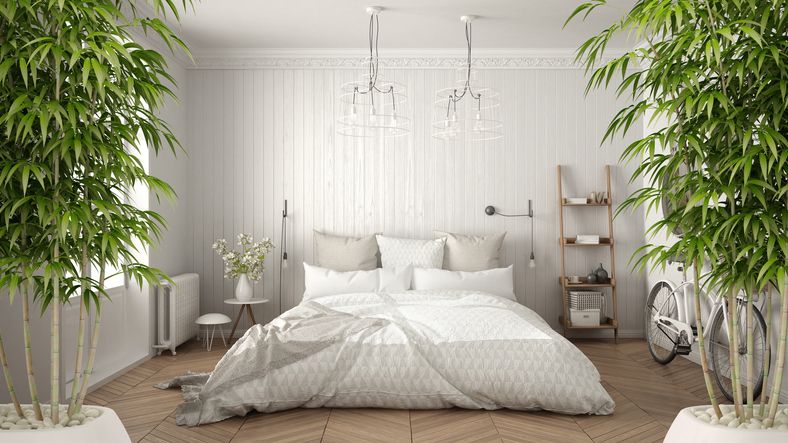 Zen-Interieur mit Bambuspflanzen, minimalistisches Schlafzimmer