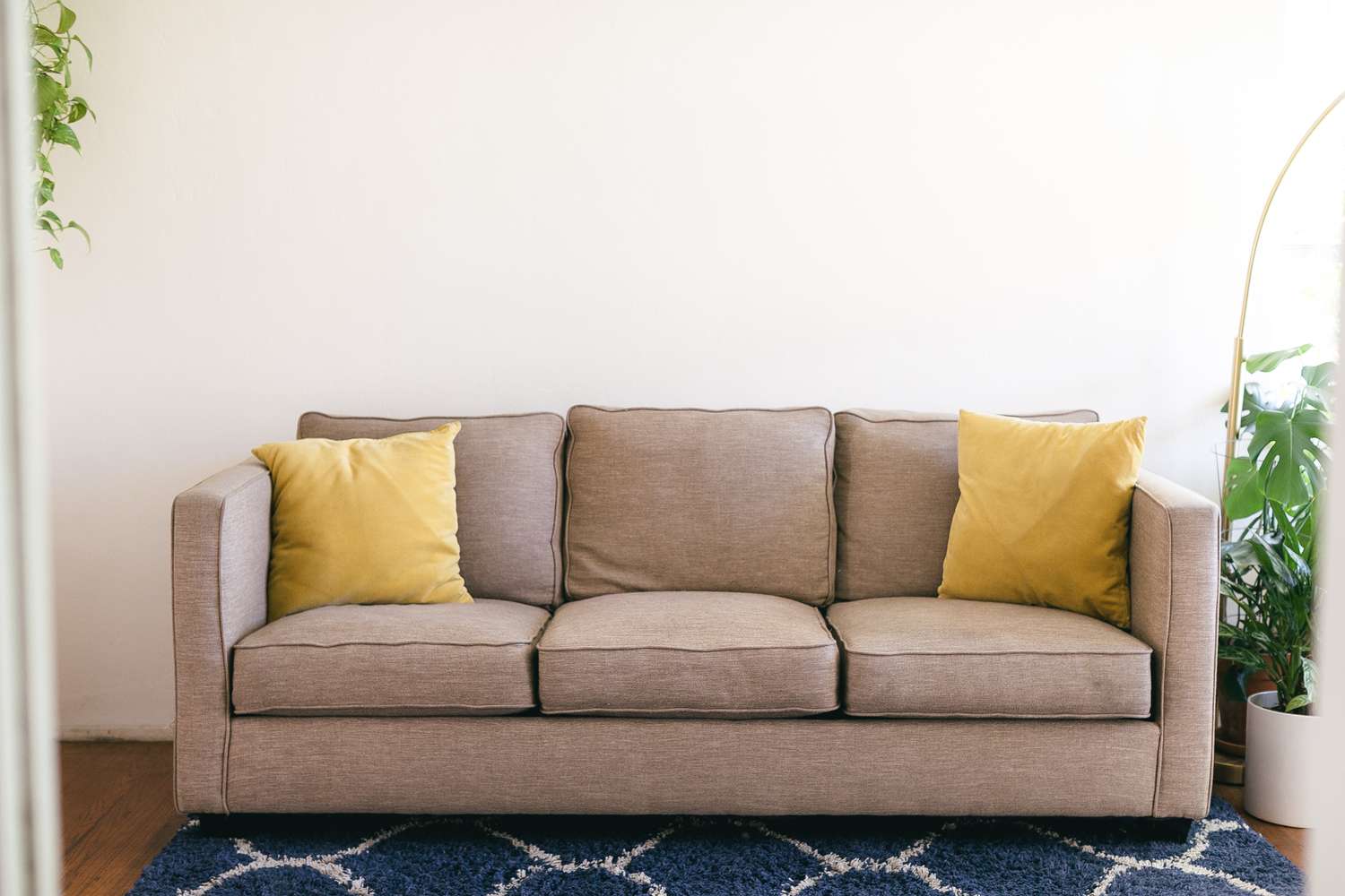 Tan couch with yellow cushions next to houseplants and blue rug