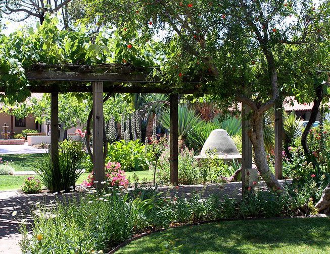 Pergola avec vignes au milieu de jardins de fleurs
