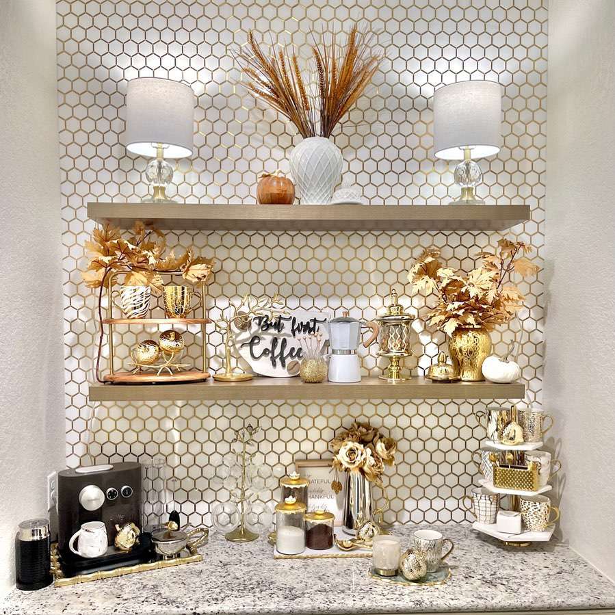 gold maximalist shelves