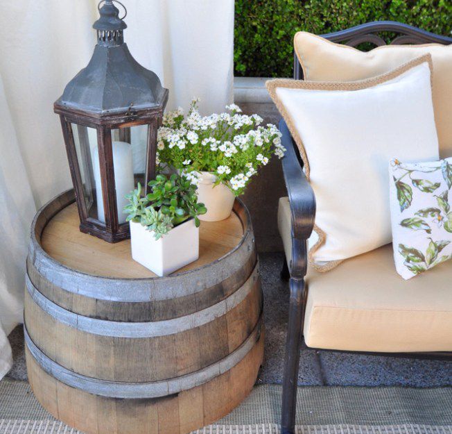 barrel side table on a patio