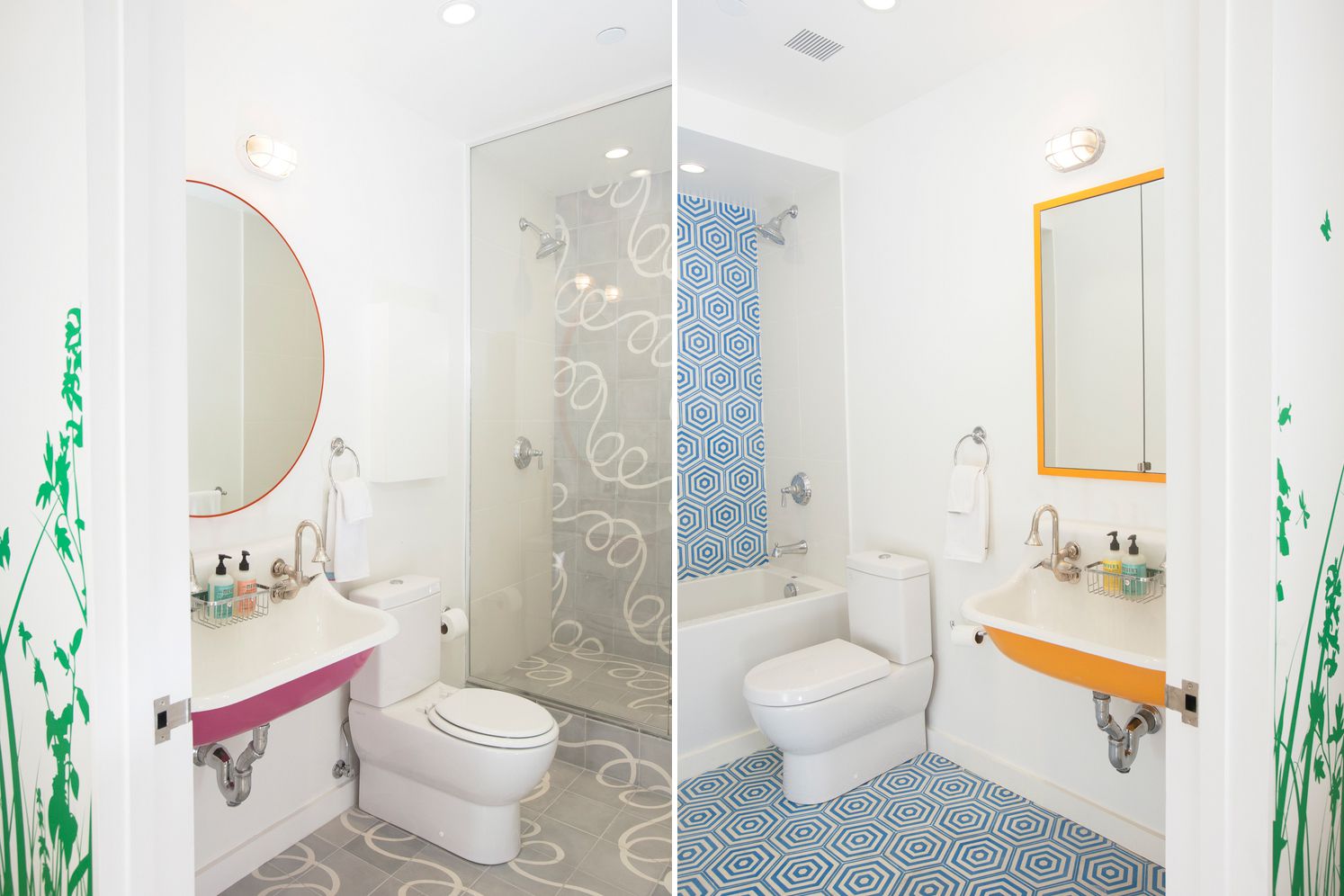 White bathrooms with pops of color