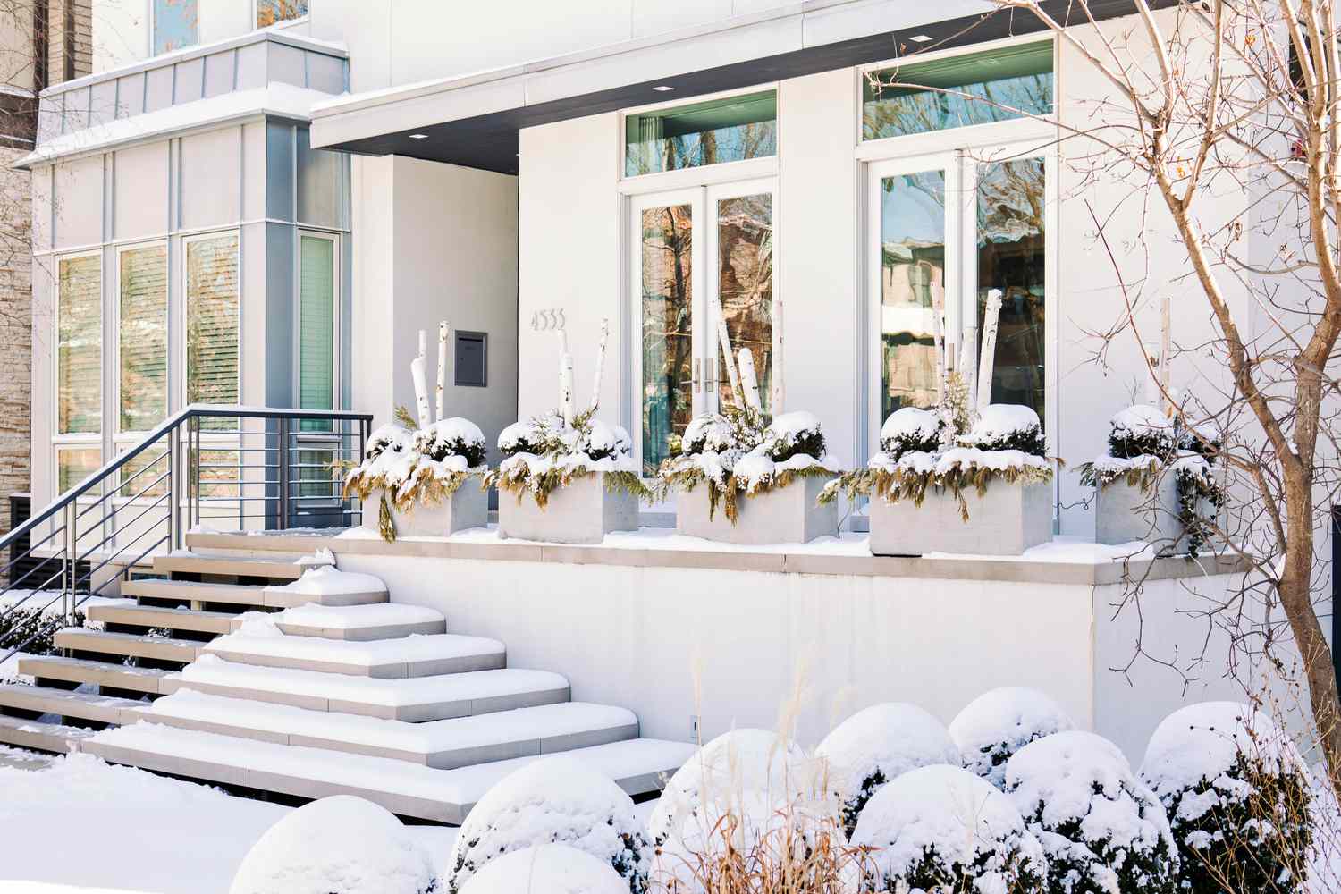 Moderne Hausfassade mit schneebedeckten Pflanzen und Stufen