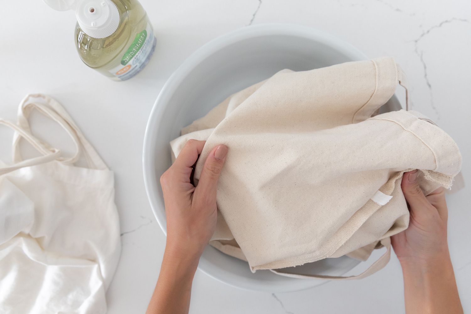 Reusable bag being cleaned inside-out