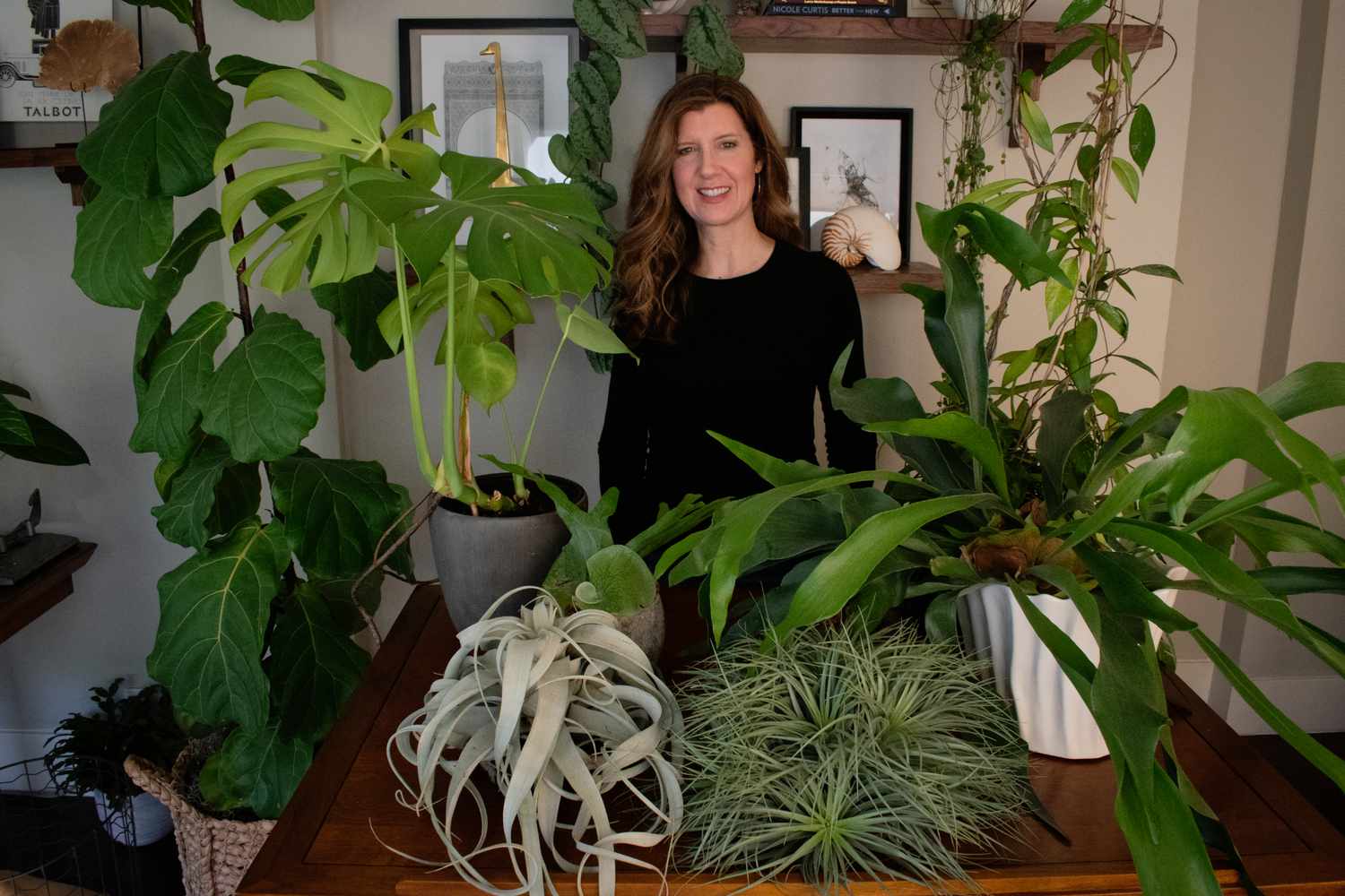 Tina Huffman do Greenhouse Studio entre sua coleção de plantas