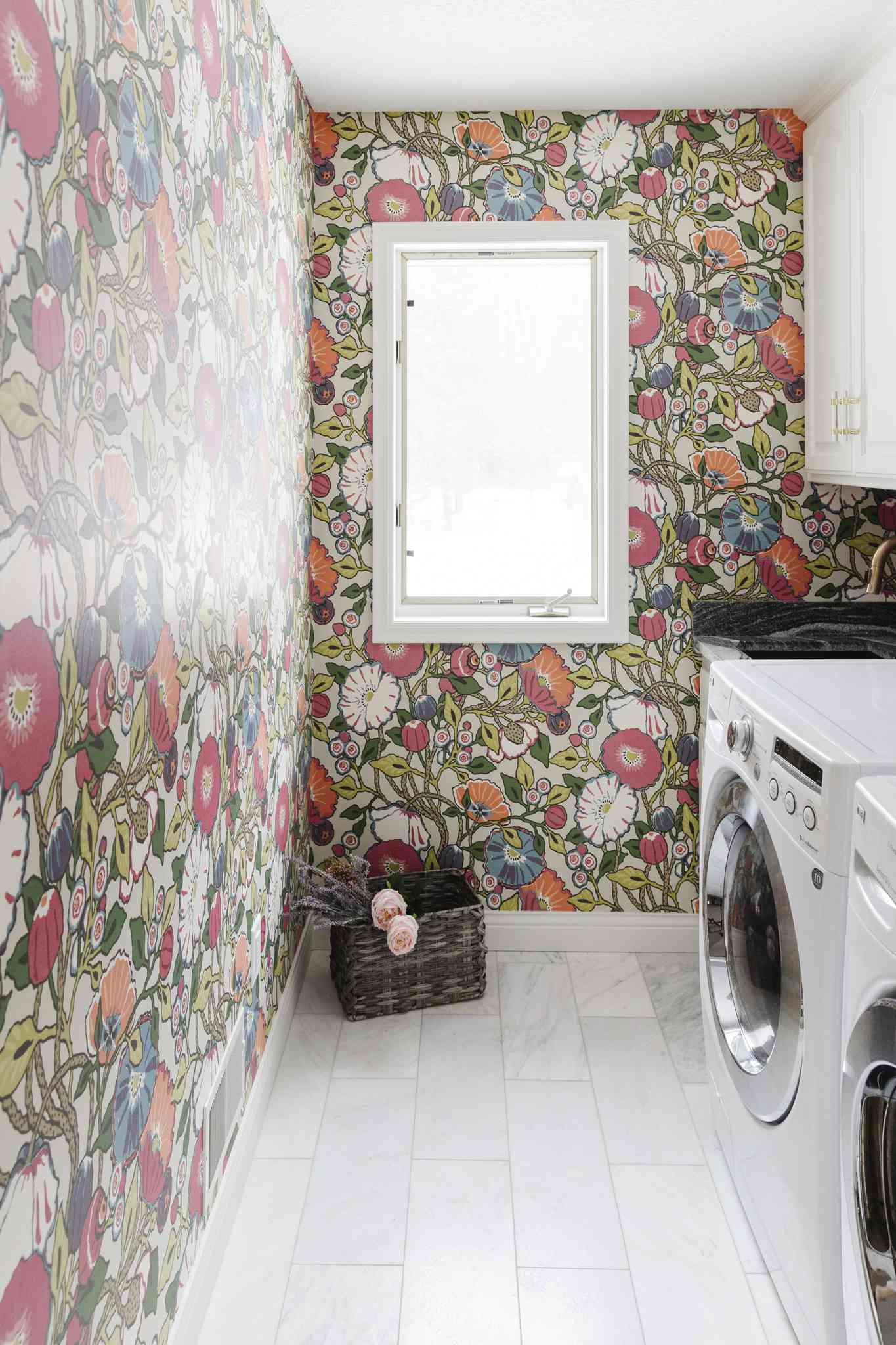 floral wallpaper in laundry room