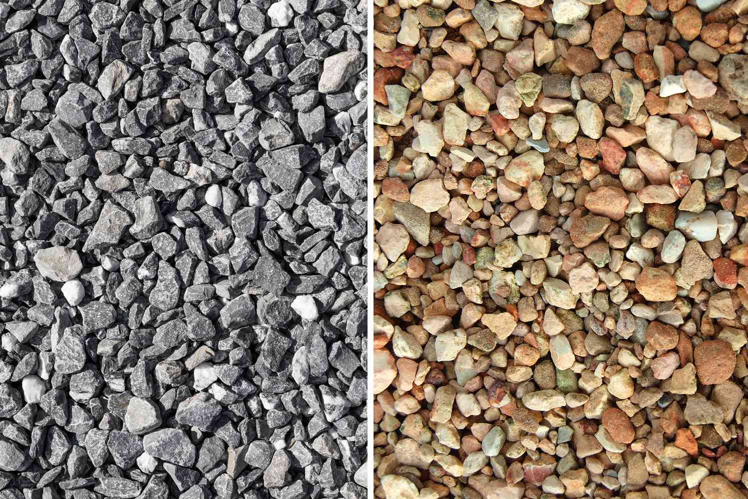 Comparación entre piedra triturada (izquierda) y gravilla (derecha)