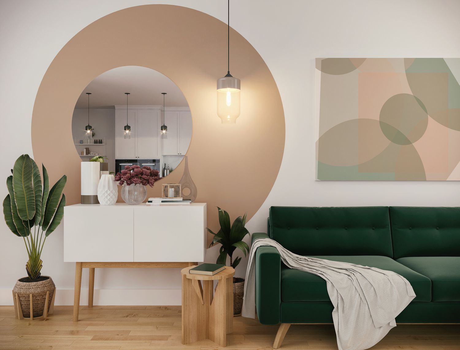 Uma sala de estar moderna com um sofá verde