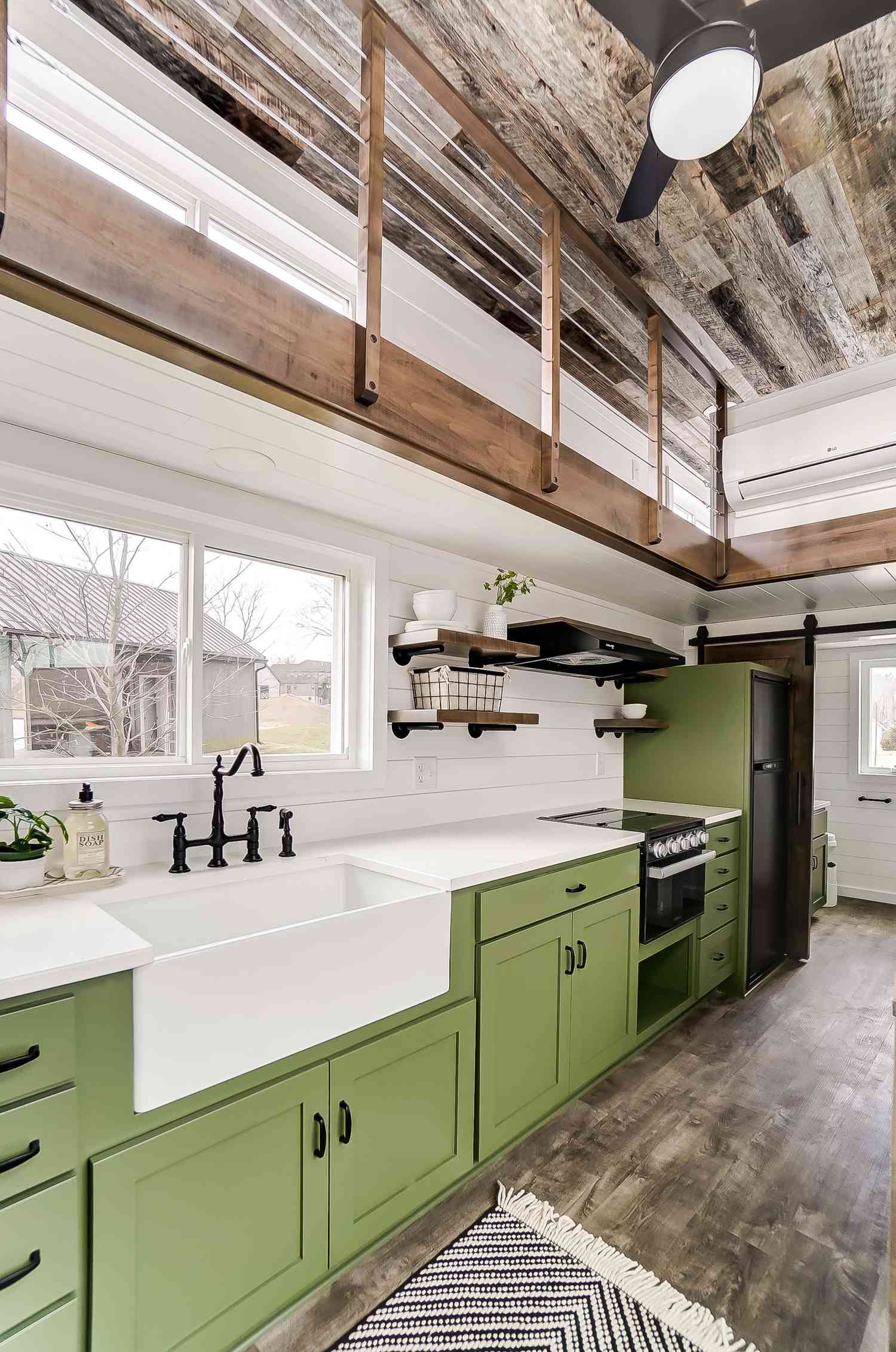 tiny home kitchen with avocado green cabinets