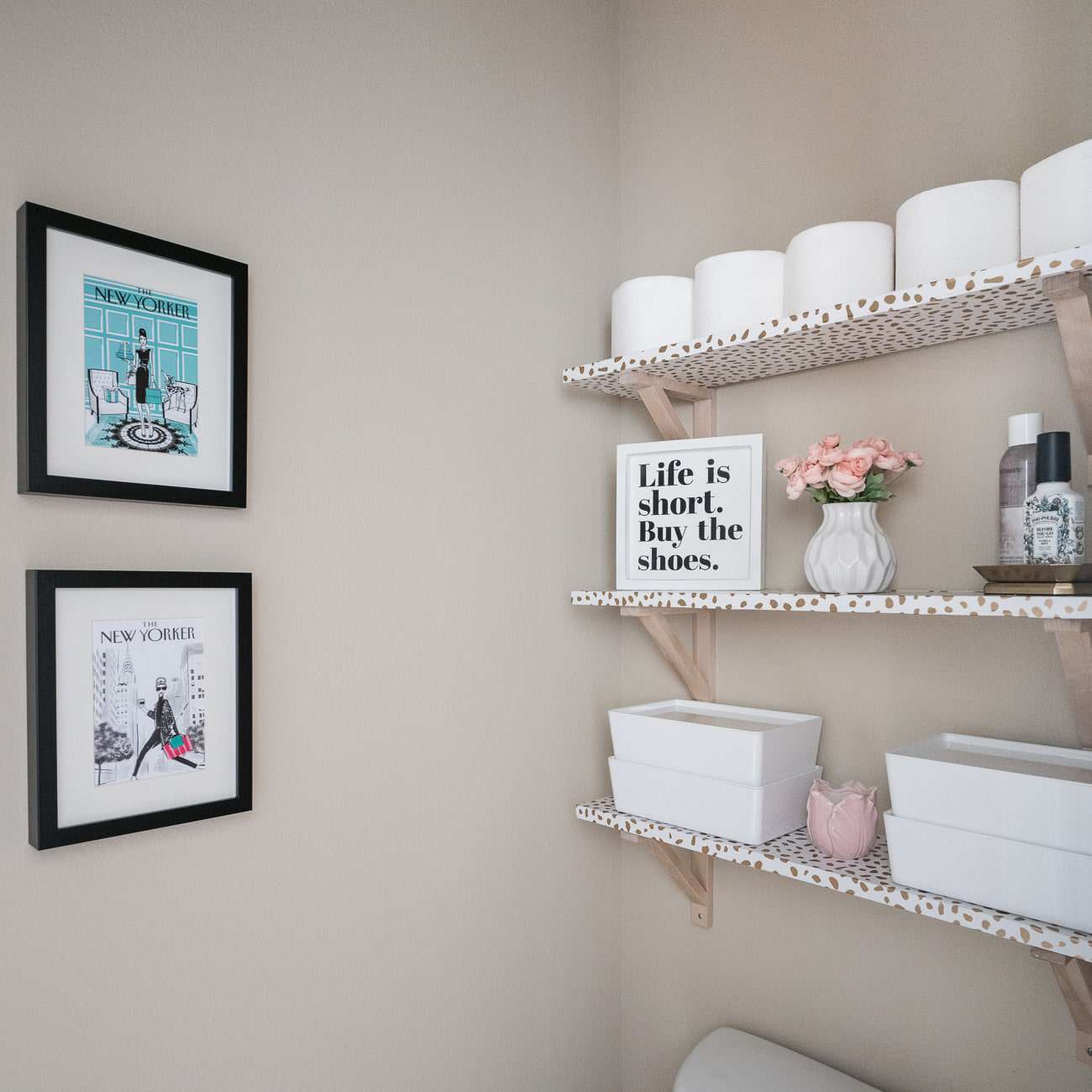 toilet paper on open shelf