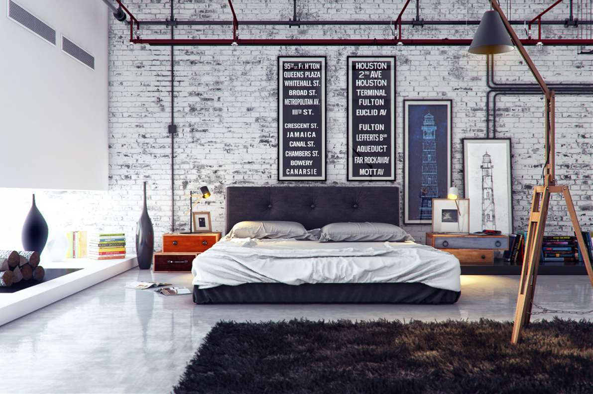 Schlafzimmer mit hohen Decken und industriellem Design