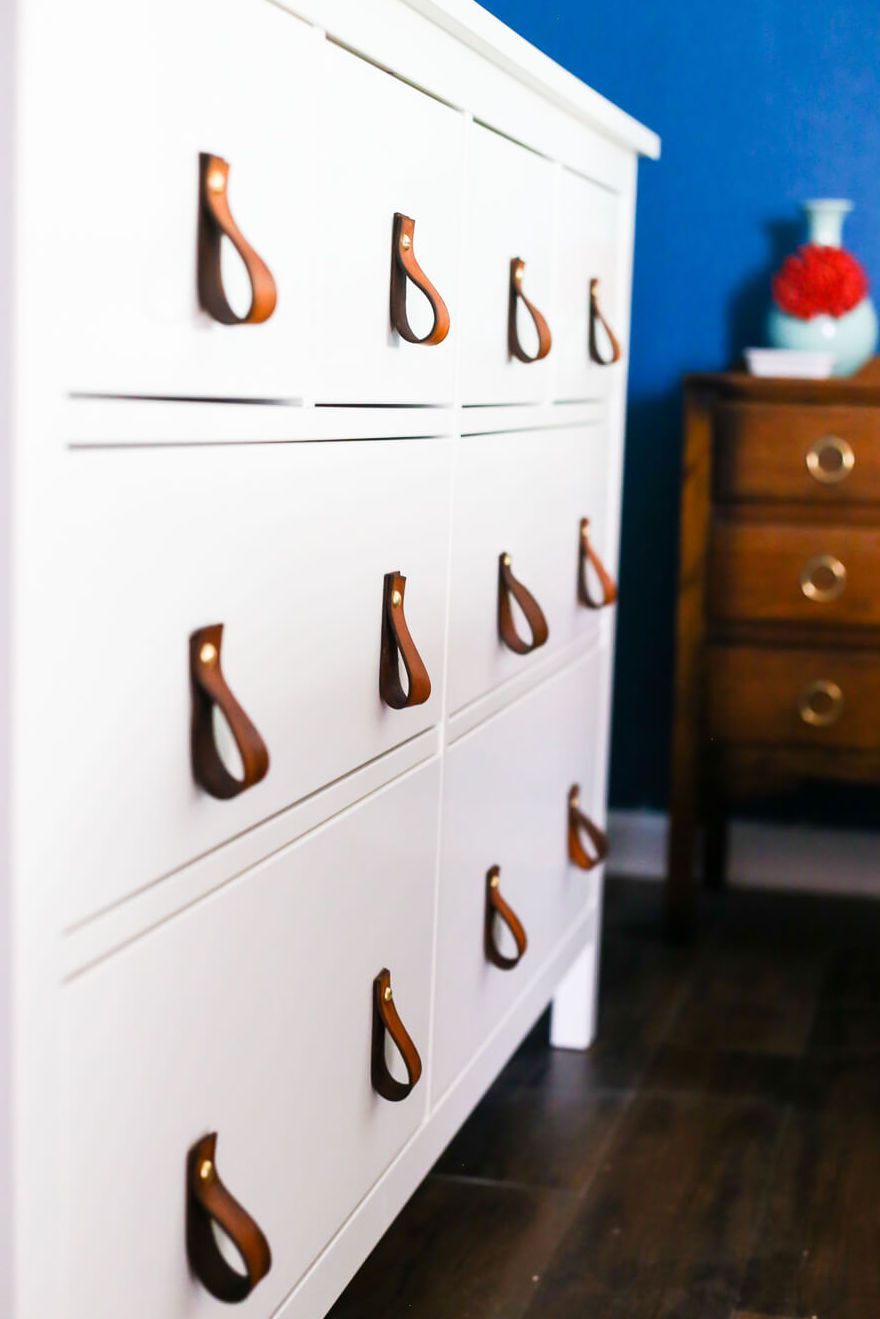 white drawers with leather pulls