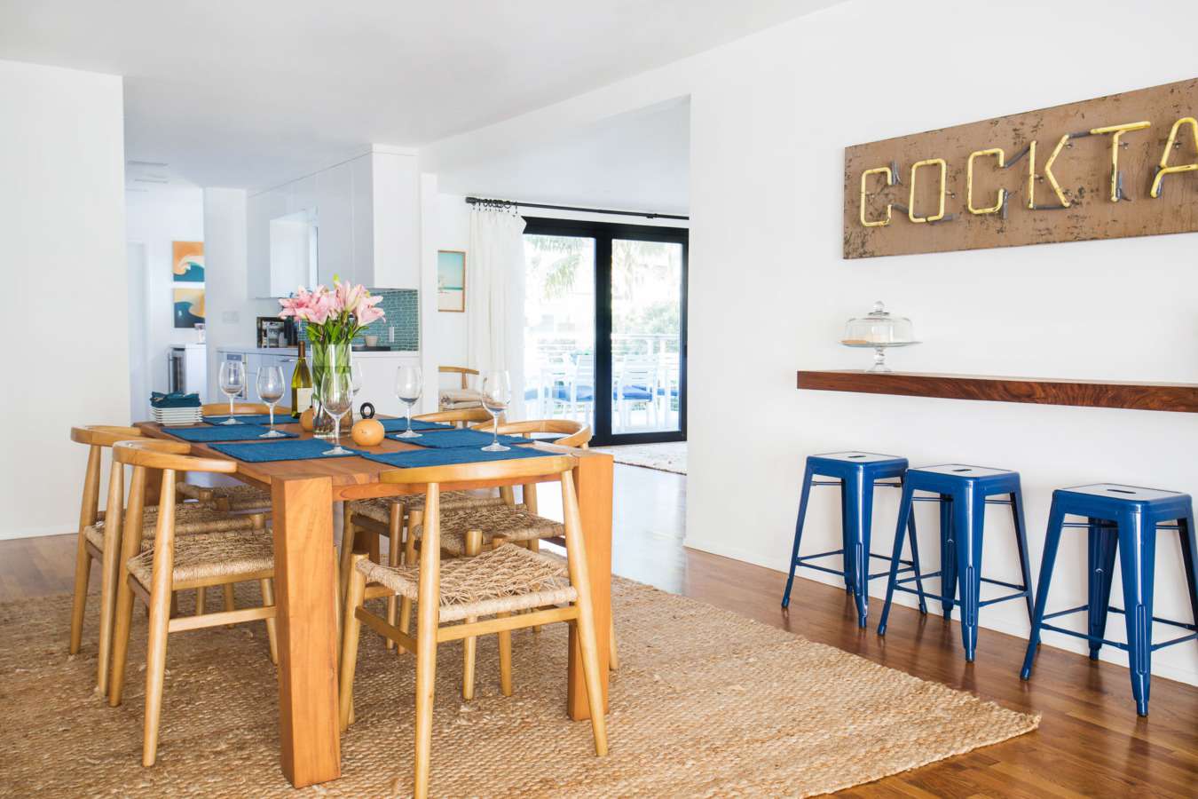 wood and blue tones in coastal home