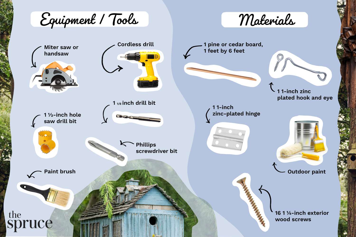 Abbildung der Materialien und Werkzeuge zum Bau eines Vogelhauses