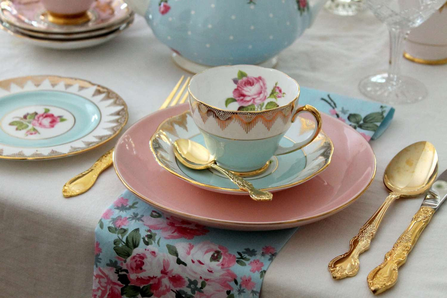 Vintage high tea party pink and blue tea cup, plates, gold cutlery flatware, pink roses, place setting - wedding bridal shower