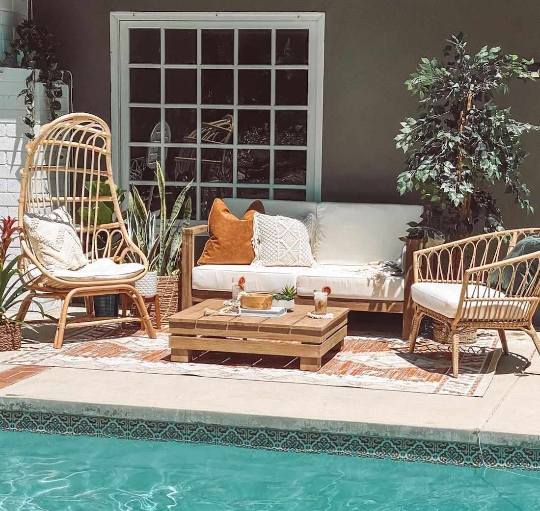 wicker furniture by the pool