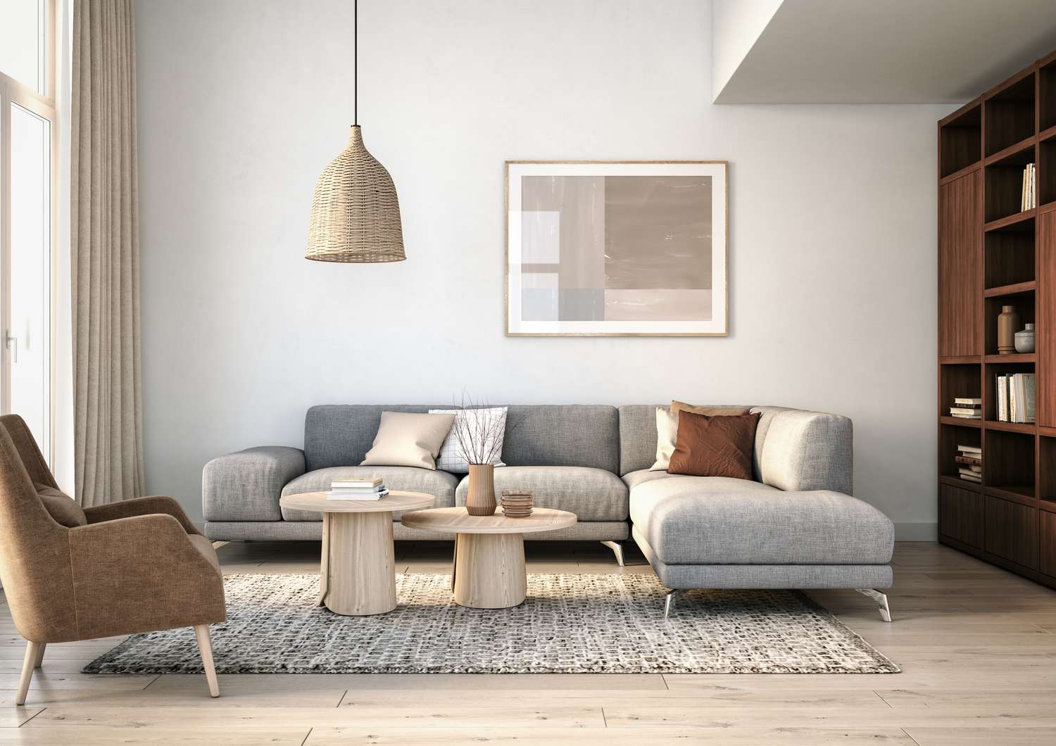 Interior da sala de estar escandinava moderna - renderização em 3d