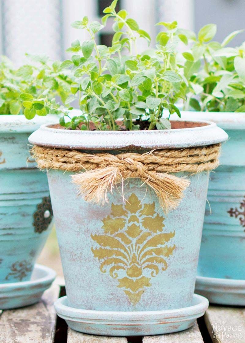 Blue planters on a table