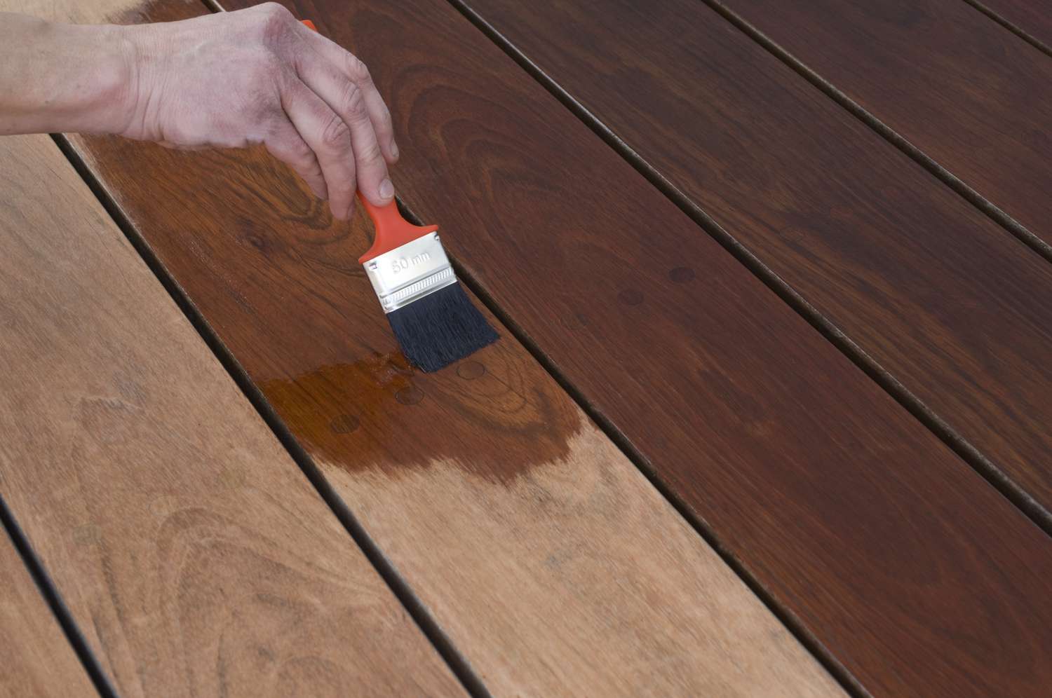 hand with paintbrush staining hardwood