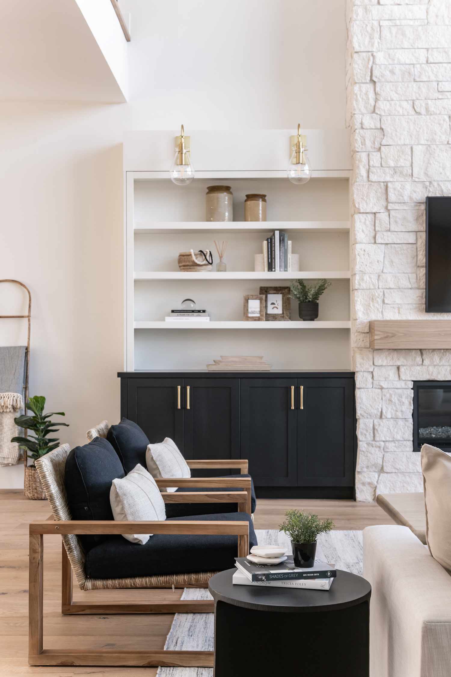 simply styled shelves in great room