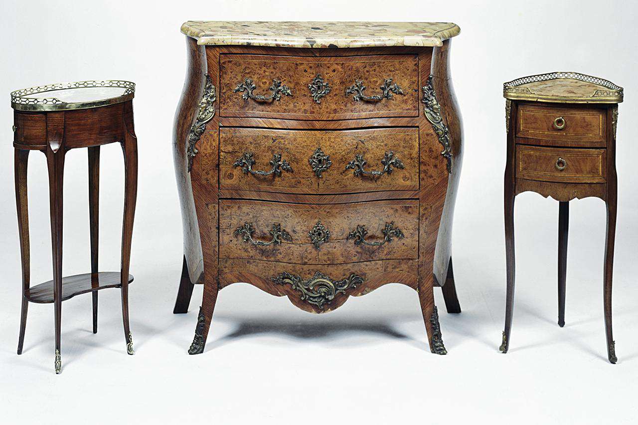 Antique Louis XV style bombe commode, corner table and gueridon
