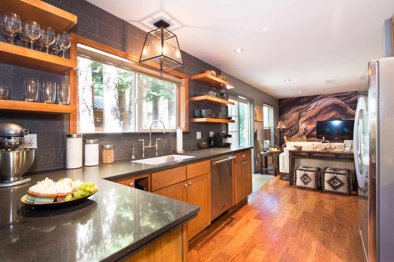 semi glossy white ceiling with charcoal tile walls