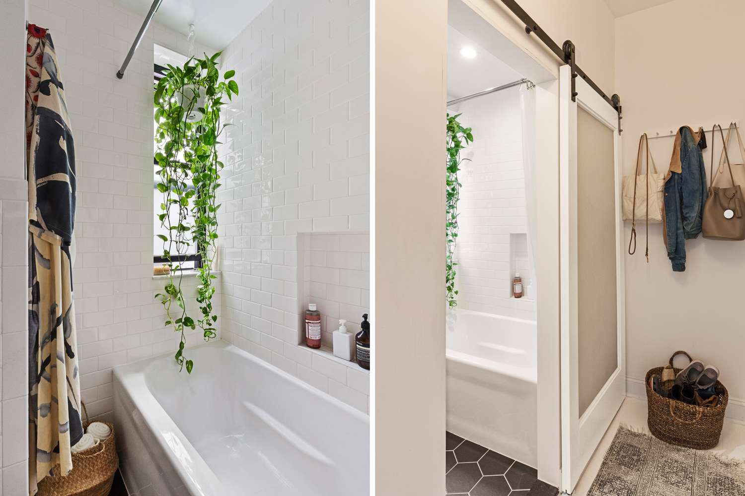 petite salle de bain avec Porte de Grange Coulissante et plantes 