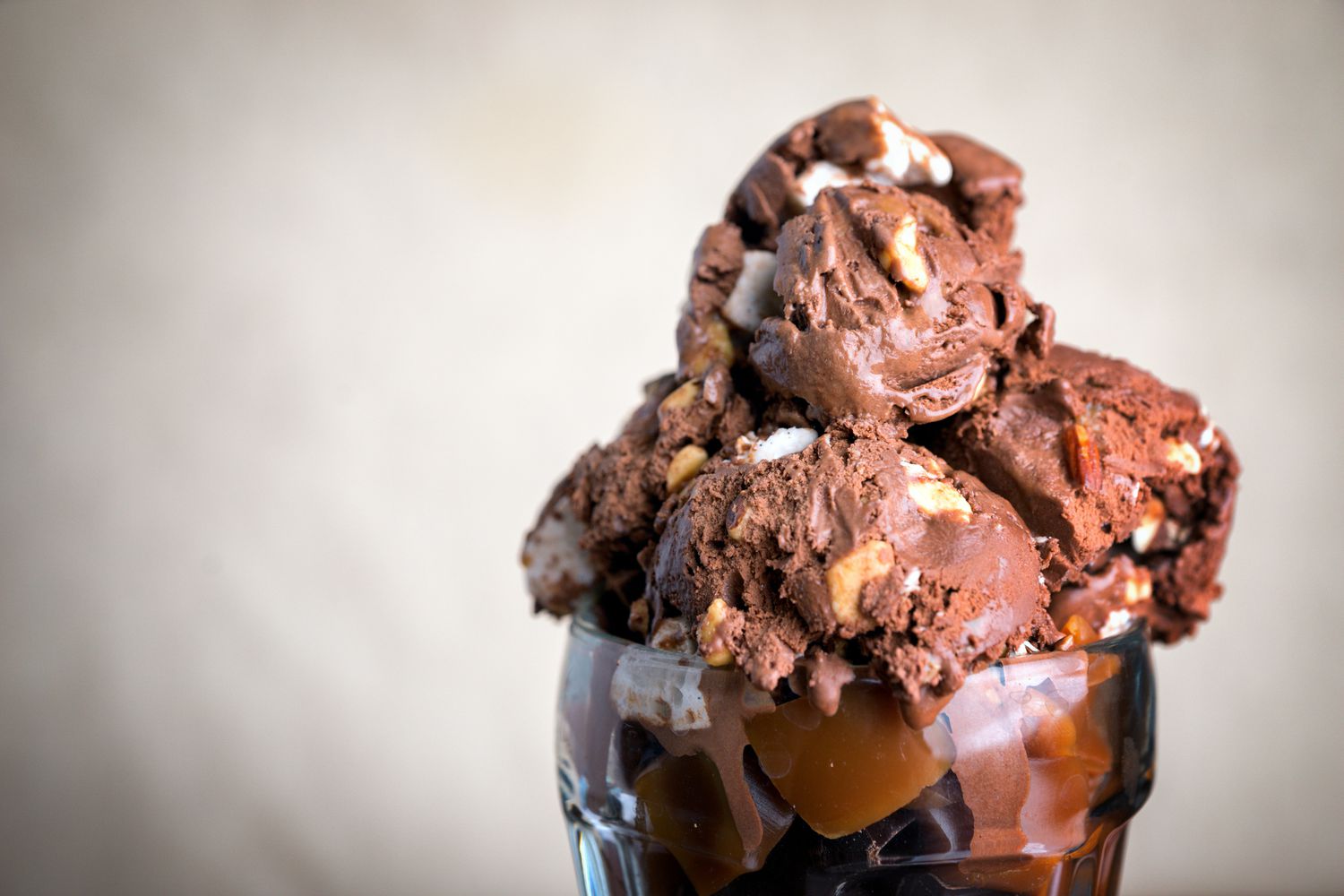 Rocky road ice cream in a sundae glass