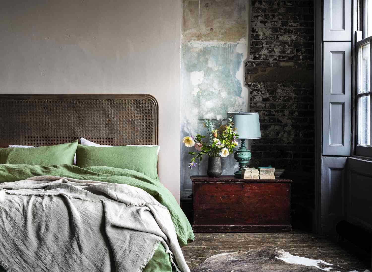 Schlafzimmer mit grüner Leinenbettwäsche von Piglet