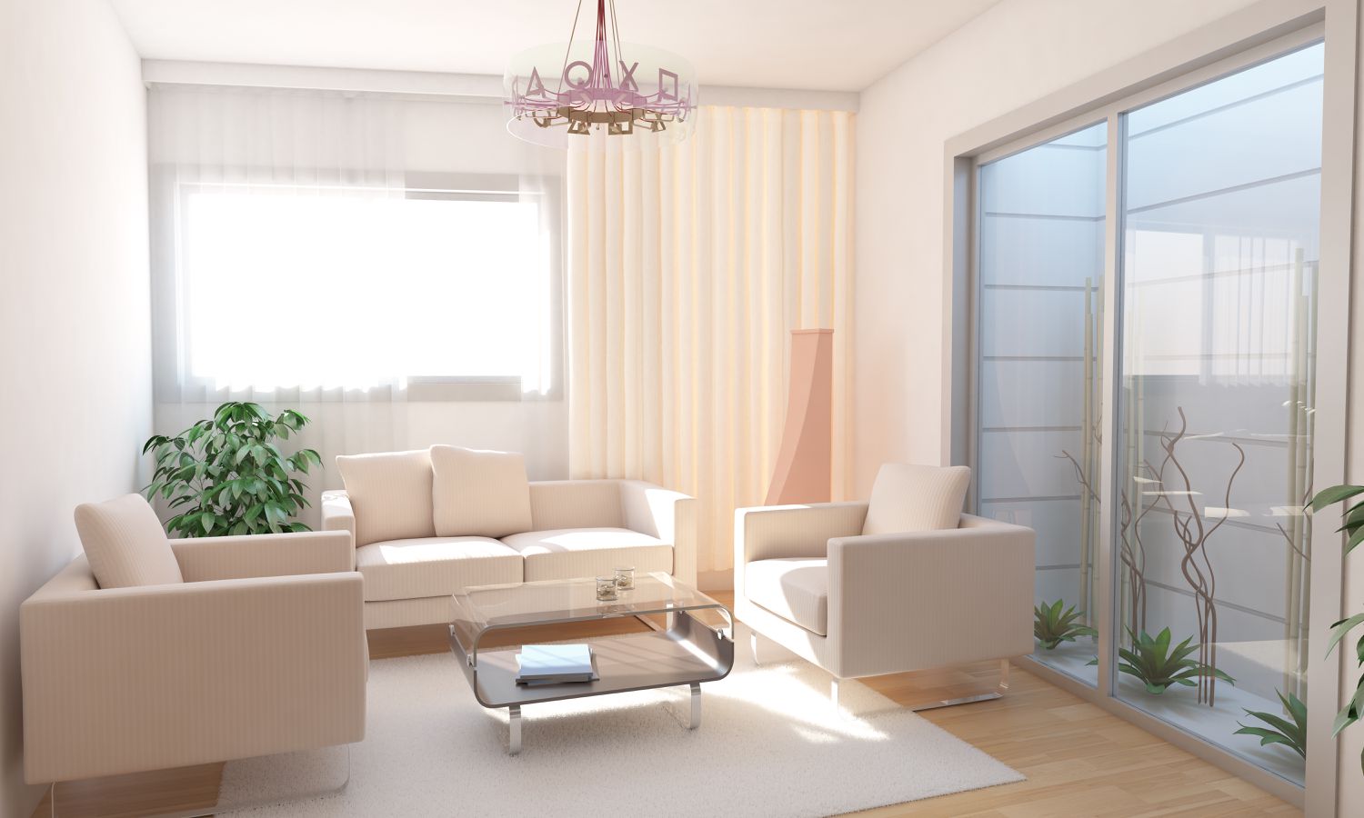 Keller-Wohnzimmer-Inneneinrichtung mit minimalistischem Landschaftsdesign