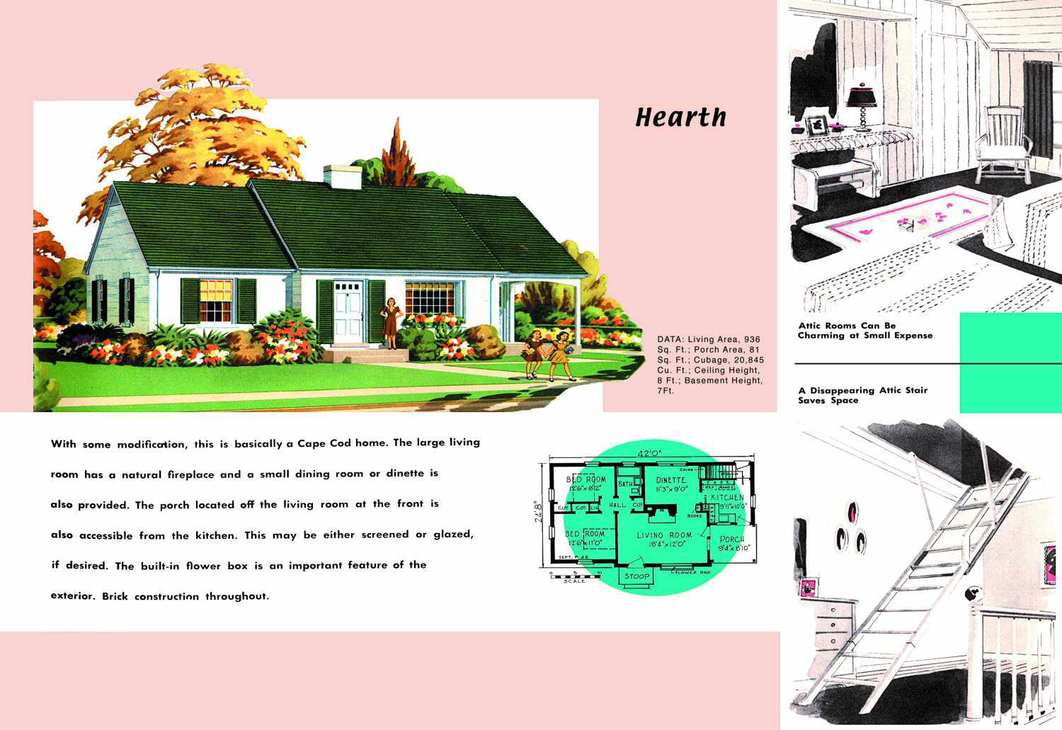 1950er Jahre Grundriss und Rendering von Cape Cod Haus namens Hearth