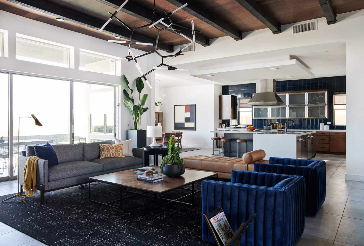 Bobby Berk mid-century modern home with exposed wood beams