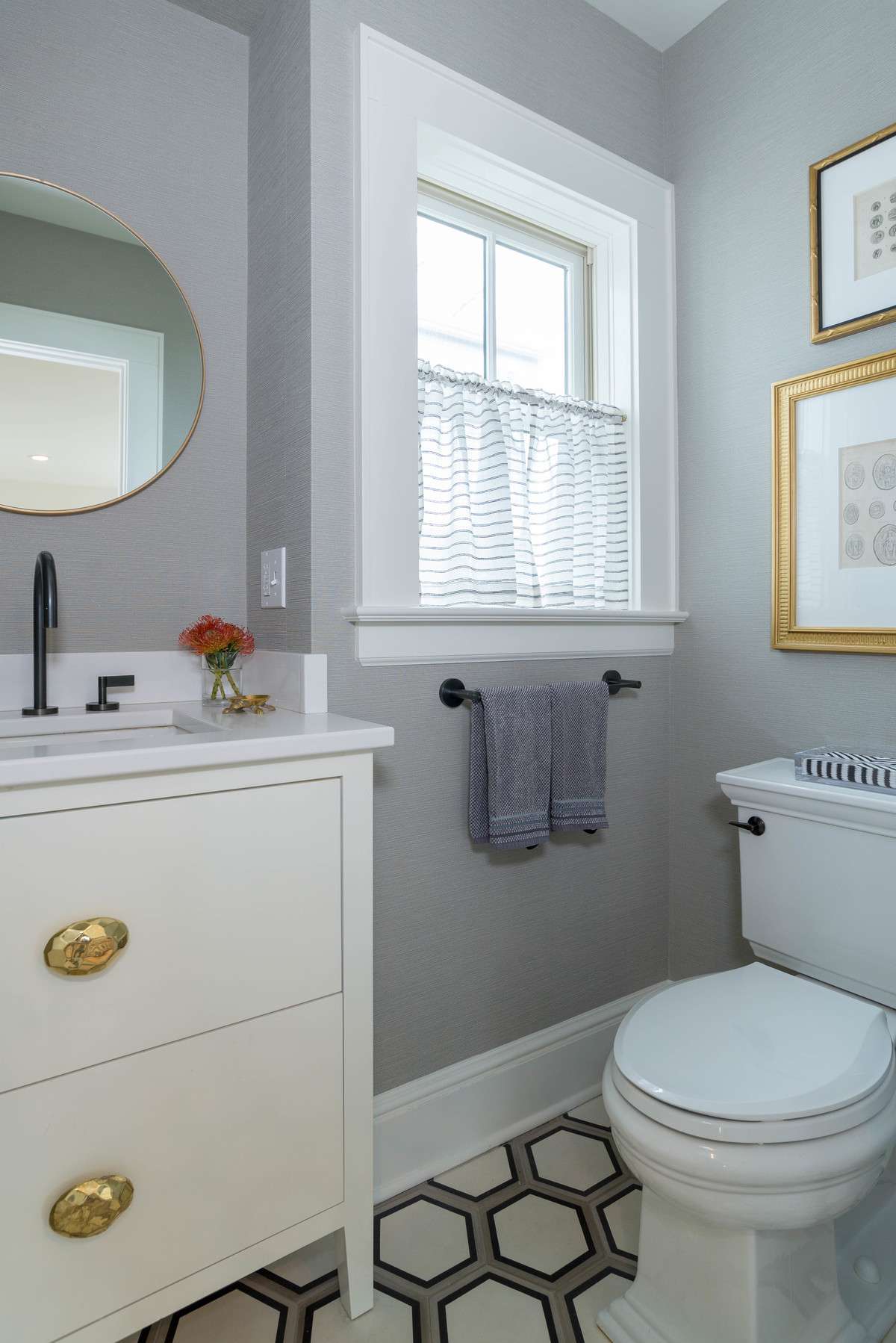 stylish floor in neutral small bathroom