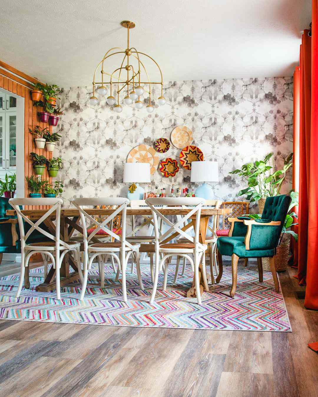 colorful rug under dining room table