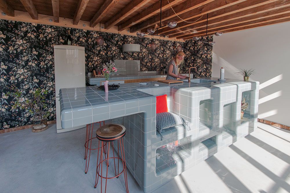 countertops covered with baby blue tiles