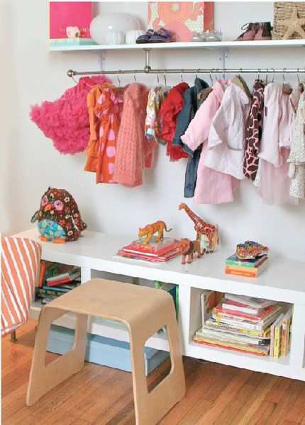 Wall shelf doubles as a closet rack in kid's room