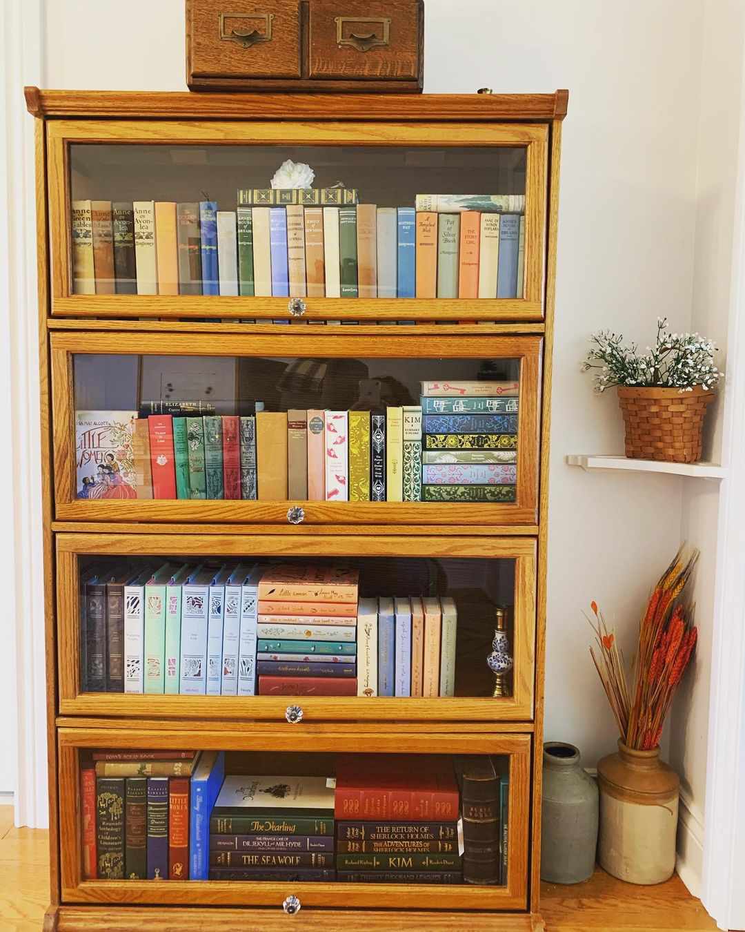 books in glass cabinet