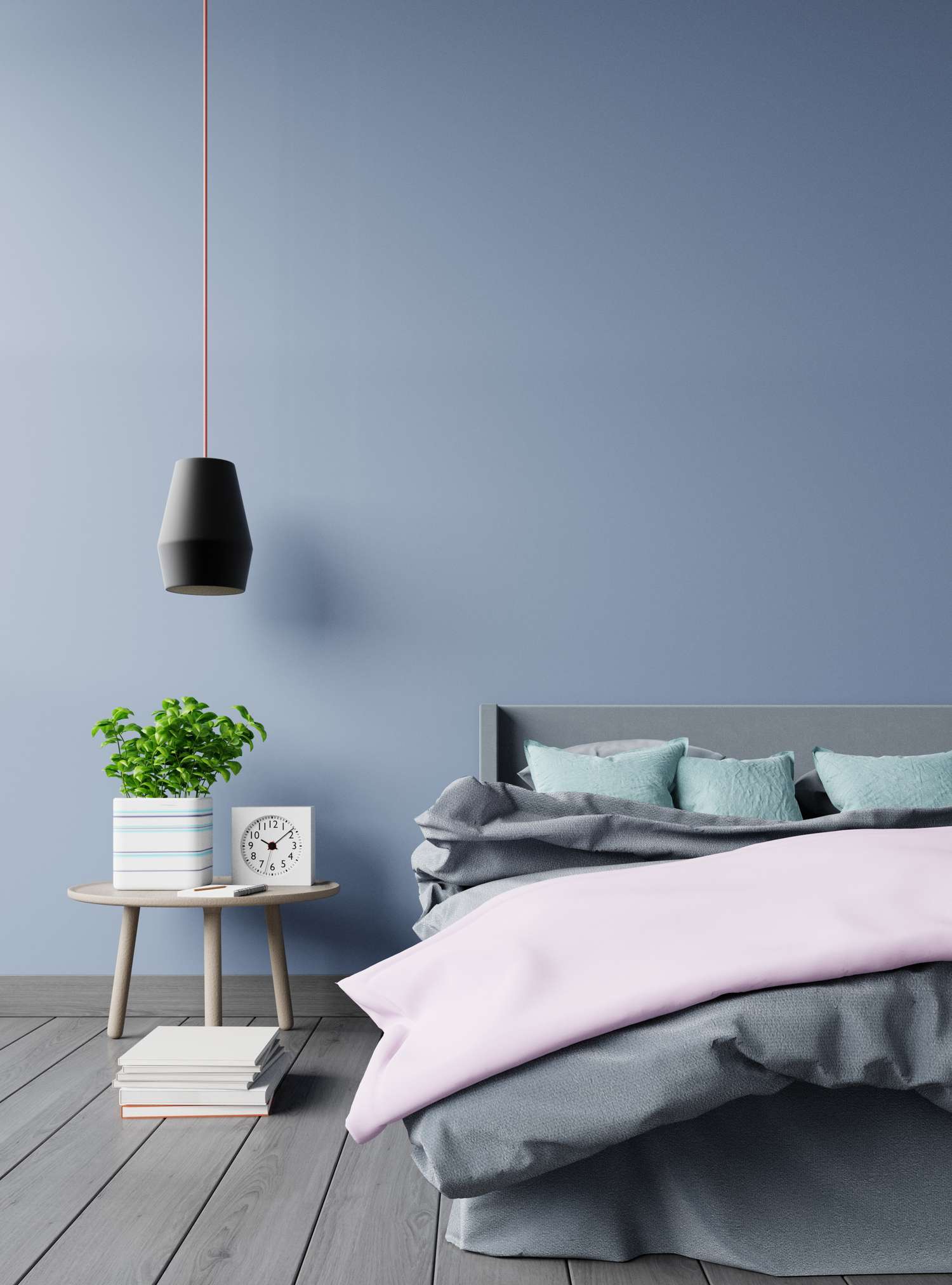 Ruhiges Schlafzimmer mit blauer Wand