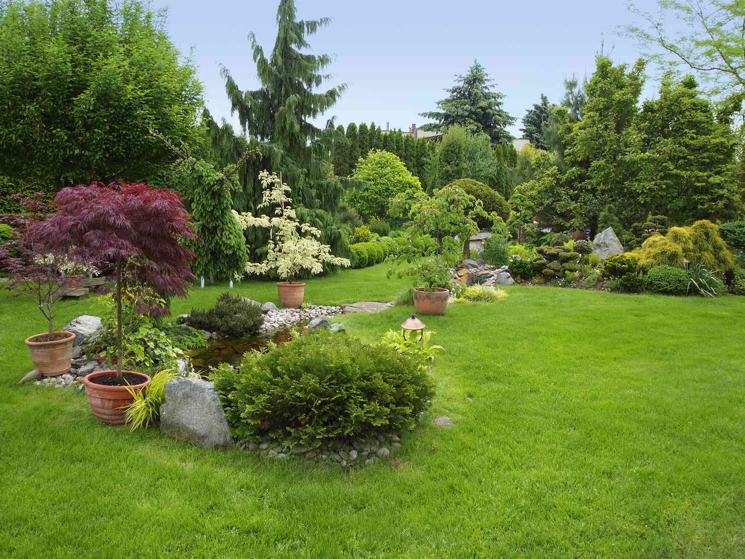 Schöner gepflegter Garten mit Büschen, Bäumen, Steinen, Teich, saftigem Gras
