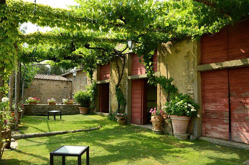 Garten in der Toskana mit Weinlaube und einfachem Rasen