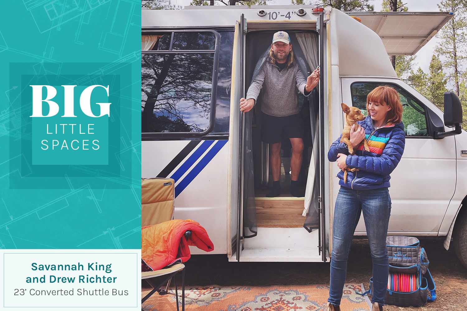 Savannah King and Drew Richter standing by their converted shuttle bus home