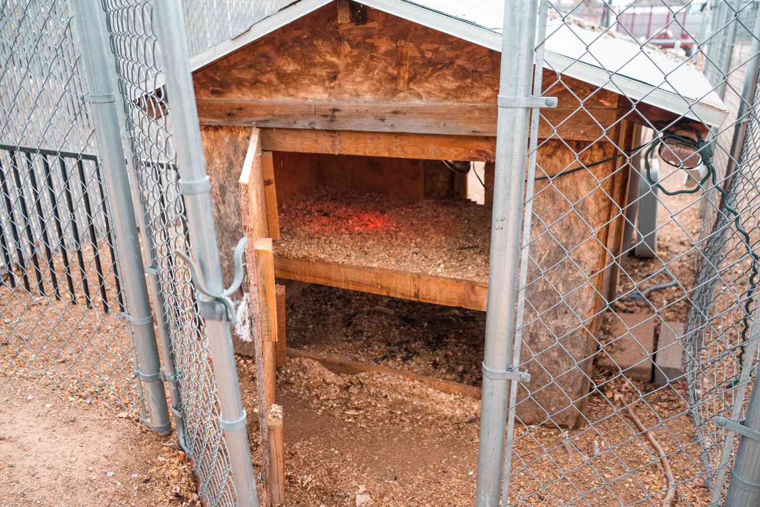 Umzäuntes Tor und geöffnete Hühnerstalltür zeigen zwei feste Böden im Stall