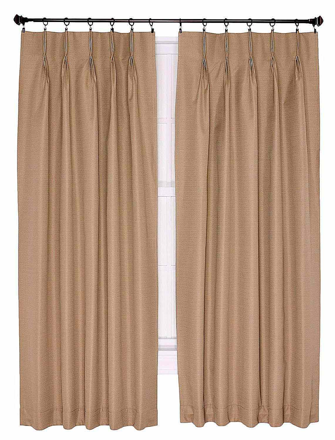 beige pleated panel curtains on rod in front of window