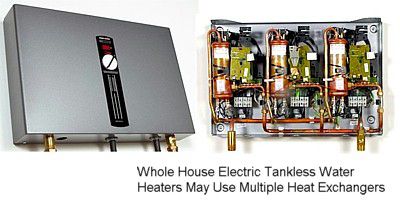Exemplo de um aquecedor elétrico de água quente sem tanque para toda a casa e seu interior.