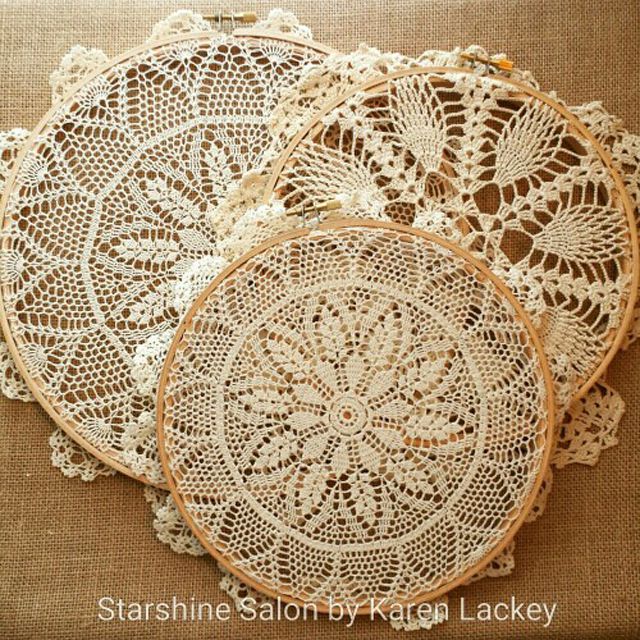 Vintage doilies in hoop frames