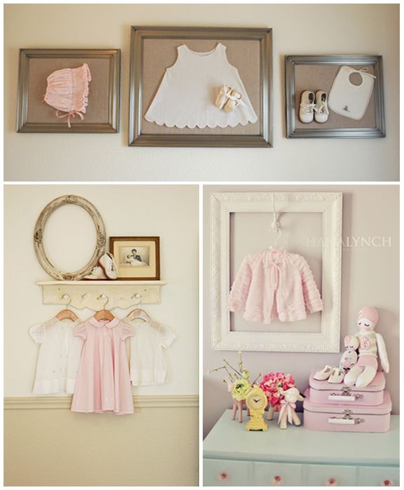 Baby clothes displayed in a vintage nursery.